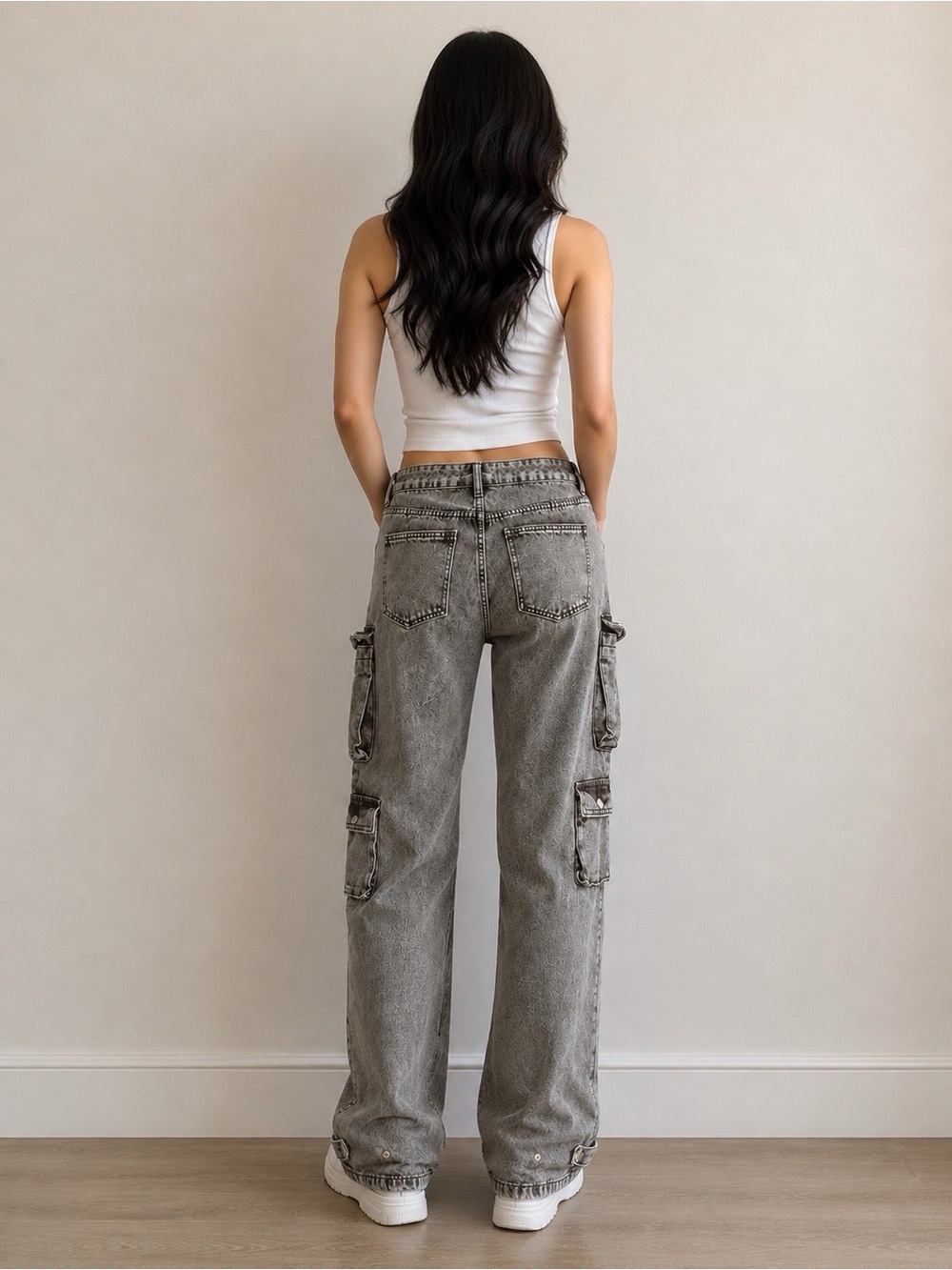 Fashion Nova Acid Wash Cargo Wide Leg Jeans Size 9 Y2K Utility Baggy - Picture 2 of 13